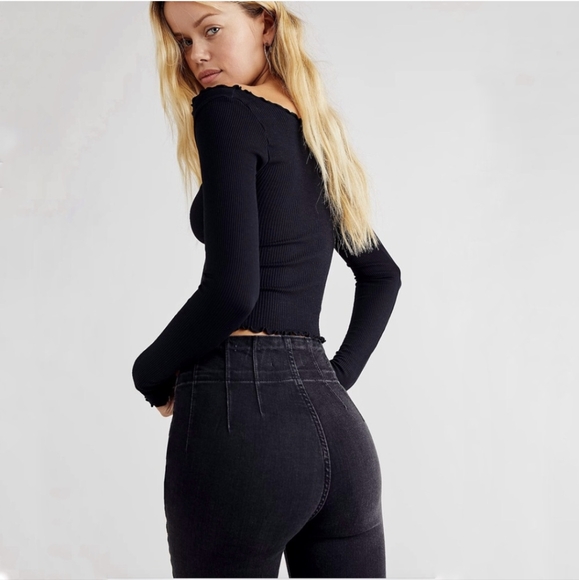 FREE PEOPLE Jayde Flare Jeans We The Free Wide Leg Bell Bottoms Washed Black 25 - Picture 5 of 13